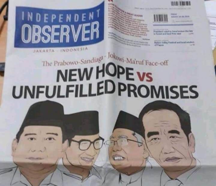 Halaman Utama Koran Independent Observer. Tampak empat sosok yang bertarung dalam Pilpres 2019. - Image