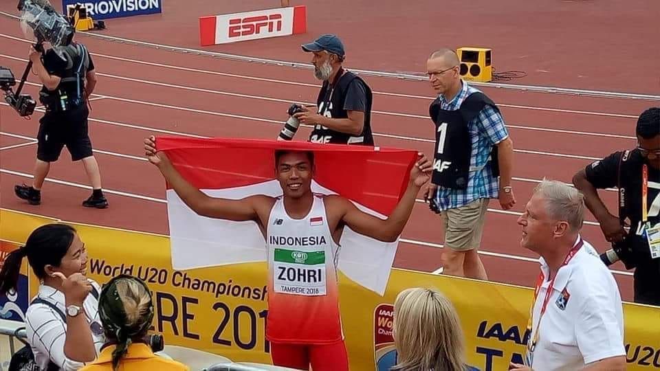 Pelari 100 meter Indonesia Lalu Muhammad Zohri menjuarai Kejuaraan Dunia Atletik U-20 di Tampere, Finlandia. - Image