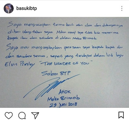 Postingan tulisan Ahok saat merayakan ulang tahun. - Image