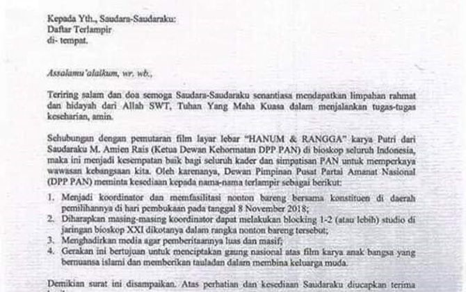 Surat perintah PAN kepada kadernya untuk menonton Hanum dan Rangga - Image