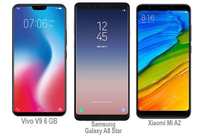 Vivo V9 6 GB, Samsung Galaxy A8 Star, dan Xiaomi Mi A2. - Image