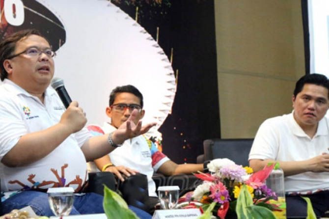 Sandiaga Uno bersama Erick Thohir dalam sebuah diskusi seputar Asian Games 2018. Sandiaga Uno mengaku punya hubungan cukup dekat Erick Thohir. - Image
