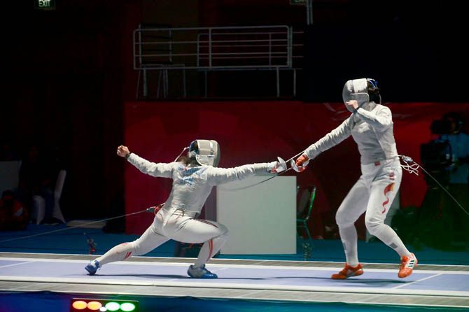 Pertandingan Cabor Anggar Asian Games 2018 di JCC, Jakarta Pusat, kemarin. - Image