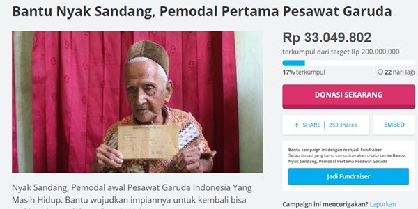 Laman donasi yang dilakukan untuk wujudkan keinginan Nyak Sandang. - Image