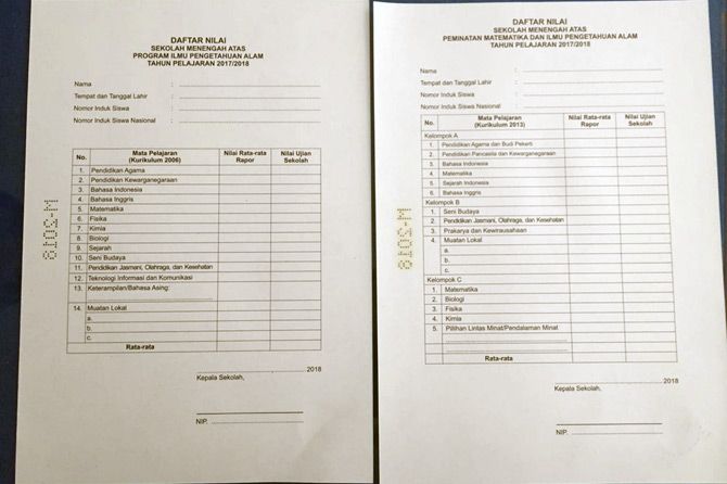 Ijazah salah cetak di Makassar seharusnya memakai kurikulum 2006 (kiri) tapi tercetak kurikulum 2013 (kiri). Kejadian ini membuat orang tua siswa dan pihak terkait harus menarik ijazah yang sudah tersebar. - Image