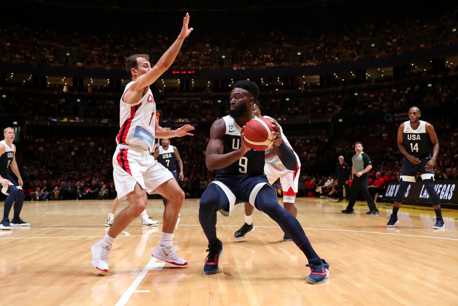 SYDNEY, AUSTRALIA - AUGUST 26: Jaylen Brown #9 of USA handles the ball against Canada on August 26, 2019 at Qudos Bank Arena in Sydney, Australia. NOTE TO USER: User expressly acknowledges and agrees that, by downloading and/or using this photograph, user - Image