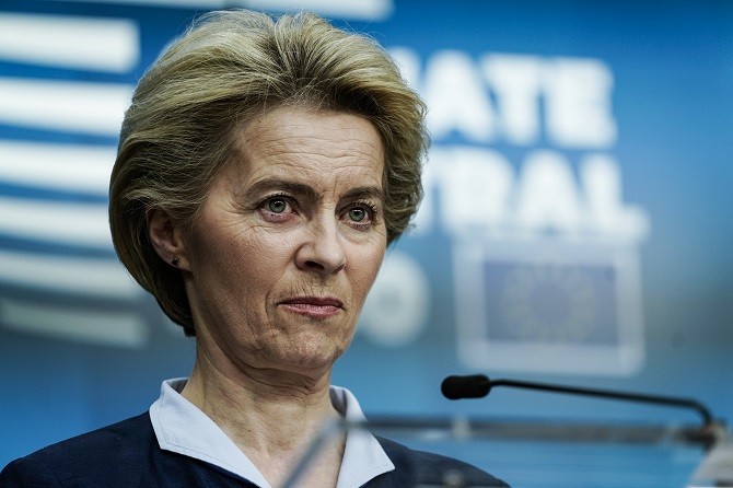 European Commission President Ursula von der Leyen speaks during the European Union Summit at the Europa building in Brussels on December 13, 2019. (Photo by Kenzo TRIBOUILLARD / AFP) - Image