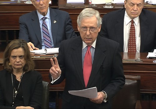 In this image from video, Senate Majority Leader Mitch McConnell, R-Ky., speaks during the impeachment trial against President Donald Trump in the Senate at the U.S. Capitol in Washington, Tuesday, Jan. 28, 2020. (Senate Television via AP) - Image