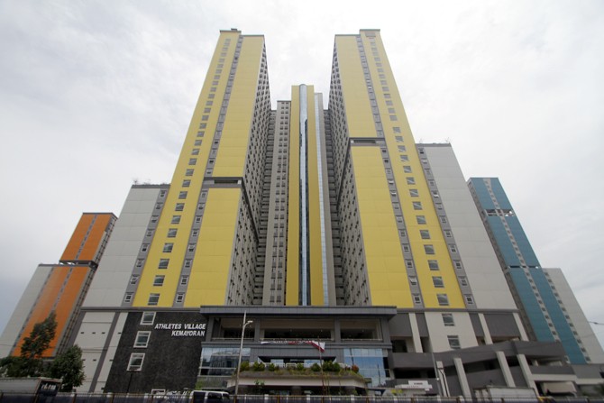 Wisma Atlet suasana kamar-kamar Wisma Atlet terlihat dari luar di Kemayoran, Jakarta, Minggu (21/3/2020). Pemerintah akan menyiapkan wisma atlet Kemayoran menjadi tempat RS Darurat Penanganan Covid-19 guna menekan penyebaran virus tersebut lebih luas. Fot - Image