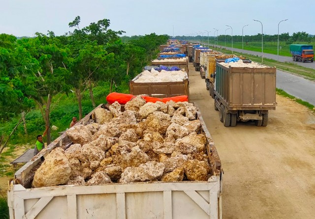 MENGULAR: Deretan truk tertahan di ruas jalan pantura Gresik–Tuban hingga akses ke pelabuhan JIIPE. (Ludry Prayoga/Jawa Pos) - Image
