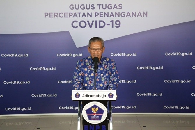 Juru Bicara Pemerintah Untuk Covid-19 Achmad Yurianto mengenakan baju batik yang motifnya seperti virus korona. (Web Covid-19.go.id) - Image