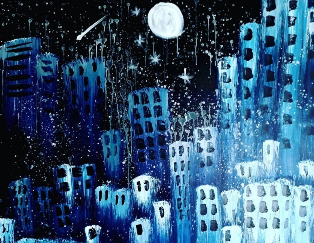 Big City at Night karya Anfield Wibowo. Bersama sejumlah seniman disabilitas dari tujuh kota di Indonesia, Anfield akan ikut berpameran daring dalam Peace in Chaos. (Dok. Anfield Wibowo for Jawa Pos) - Image