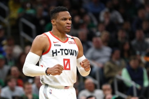 (FILES) In this file photo Russell Westbrook #0 of the Houston Rockets reacts during the second half of the game against the Boston Celtics at TD Garden on February 29, 2020 in Boston, Massachusetts. - NBA star Russell Westbrook revealed July 13, 2020 he - Image