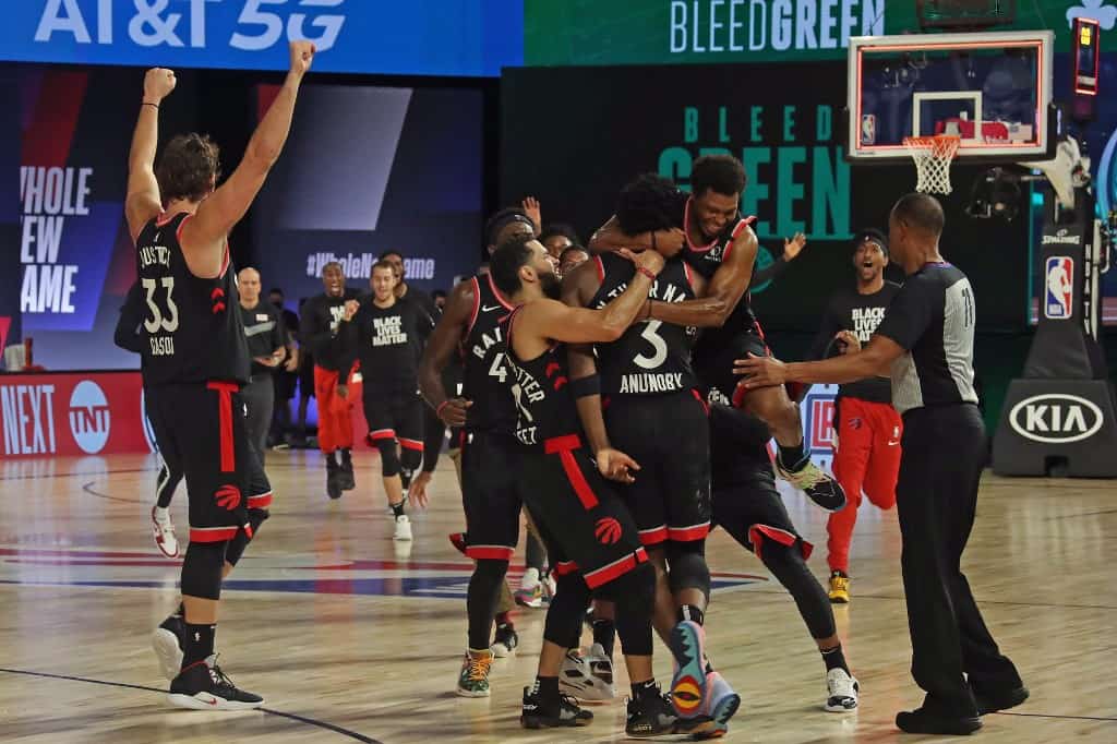 Orlando, FL - SEPTEMBER 3: The Toronto Raptors reacts to game winning buzzer beater shot taken by OG Anunoby #3 of the Toronto Raptors during Game Three of the Eastern Conference Semifinals on September 3, 2020 in Orlando, Florida at The Field House. NOTE - Image