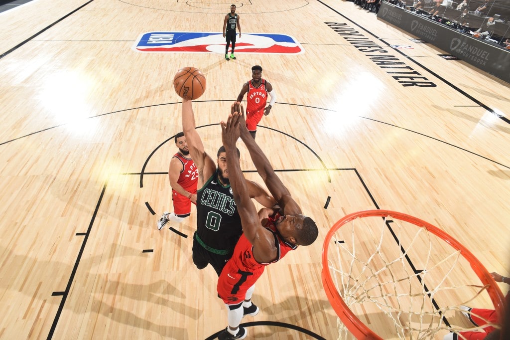 ORLANDO, FL - SEPTEMBER 7: Jayson Tatum #0 of the Boston Celtics dunks the ball against the Toronto Raptors during Game Five of the Eastern Conference SemiFinals of the NBA Playoffs on September 7, 2020 at The Field House in Orlando, Florida. NOTE TO USER - Image