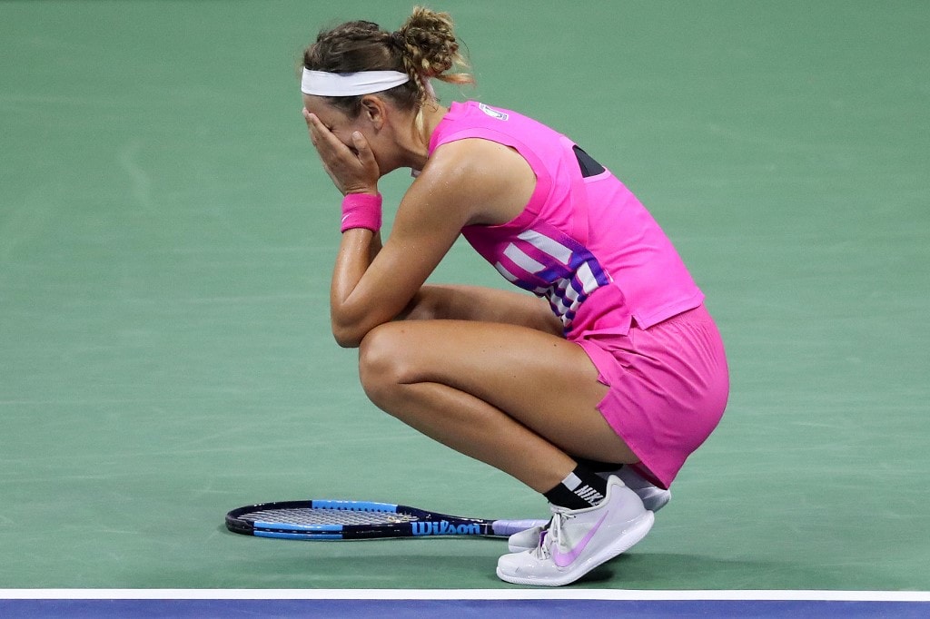 NEW YORK, NEW YORK - SEPTEMBER 10: Victoria Azarenka of Belarus celebrates winning match point during her Women - Image