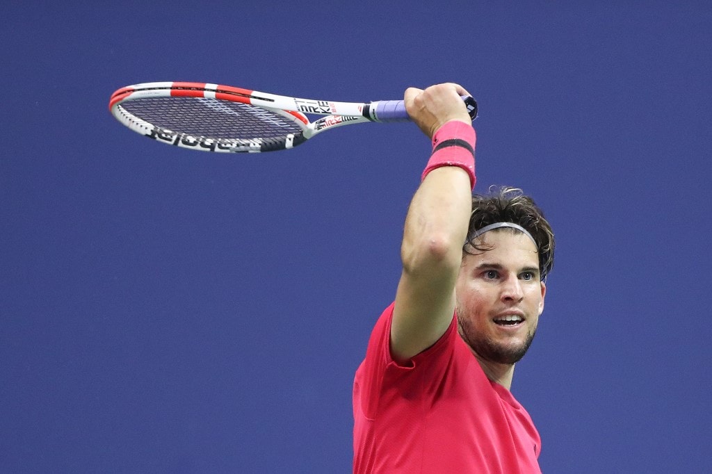 NEW YORK, NEW YORK - SEPTEMBER 11: Dominic Thiem of Austria returns the ball in the third set during his Men - Image