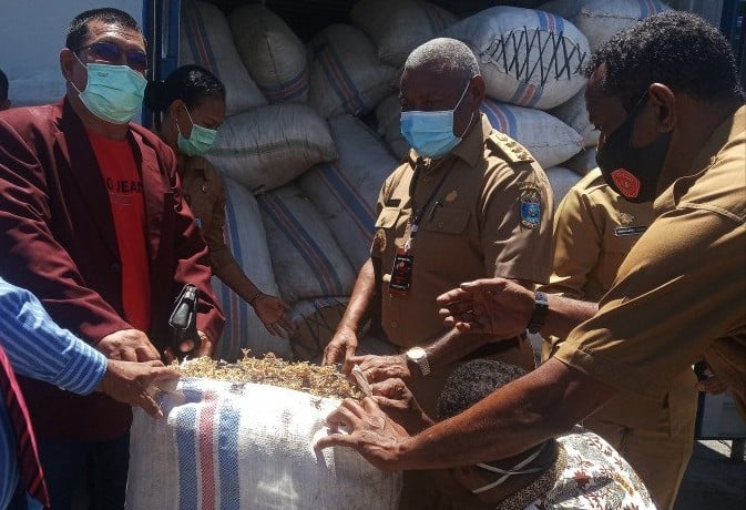 Gubernur Papua Barat Dominggus Mandacan melepas pengiriman rumput laut kering produksi petani Teluk Wondama di Pelabuhan Manokwari ke Surabaya, Jawa Timur, pada Selasa (27/10). Toyiban/Antara - Image