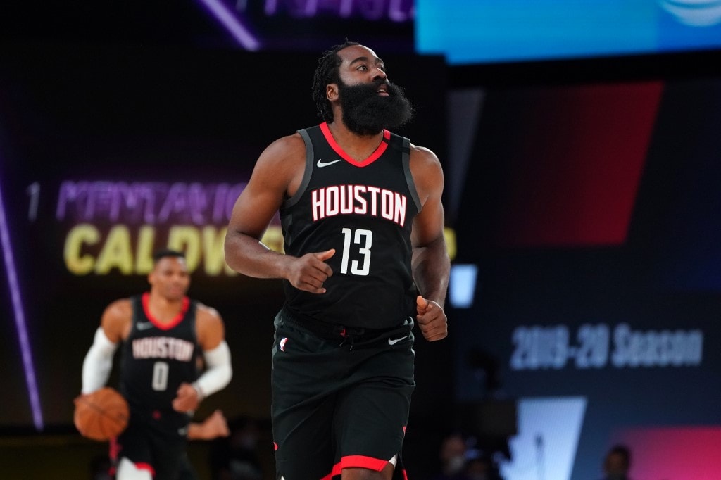 ORLANDO, FL - SEPTEMBER 12: James Harden #13 of the Houston Rockets looks on during Game Five of the Western Conference SemiFinals of the NBA Playoffs on September 12, 2020 at AdventHealth Arena in Orlando, Florida. NOTE TO USER: User expressly acknowledg - Image