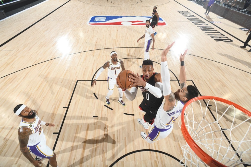 Orlando, FL - SEPTEMBER 12: Russell Westbrook #0 of the Houston Rockets shoots the ball against the Los Angeles Lakers during Game Five of the Western Conference Semifinals on September 12, 2020 in Orlando, Florida at AdventHealth Arena. NOTE TO USER: Use - Image