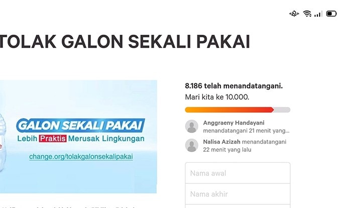 Tangkapan layar kampanye petisi Tolak Galon Sekali Pakai. Hilmi Setiawan/JawaPos - Image
