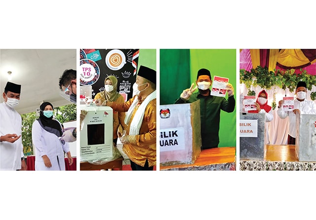 SAMA-SAMA OPTIMISTIS: Dari kiri, cabup Moh. Qosim, cawabup Asluchul Alif, cabup Fandi Akhmad Yani, dan cawabup Aminatun Habibah menggunakan hak pilihnya. (Ludry Prayoga/Jawa Pos) - Image