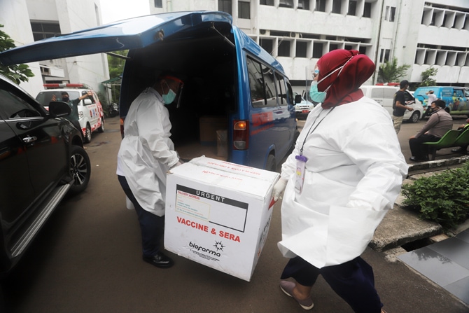 Petugas mendistibusikan vaksin COVID-19 Sinovac dari Gudang Dinas Provinsi DKI Jakarta untuk didistribusikan kepada rumah sakit, puskesmas dan fasilitas kesehatan lainnya, Rabu (13/1/2020). Dinas Provinsi DKI Jakarta menerima vaksin Covid-19 Sinovac tahap - Image