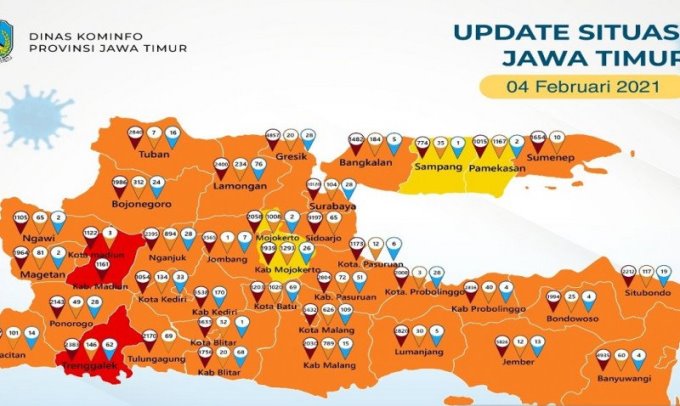 Data sebaran Covid-19 di Jawa Timur dan di empat kabupaten di Pulau Madura per 4 Februari 2021. Satgas Covid-19/Antara - Image