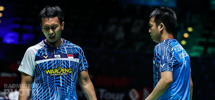 Ganda putra Indonesia Hendra/Ahsan harus mengakui keunggulan lawannya di babak 16 besar Malaysia Open 2024. (ANTARA/HO-PP PBSI) - Image