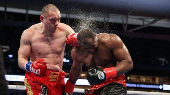 Jerry Forrest, right, survived three knockdowns en route to a majority draw against Zhilei Zhang. Ed Mulholland/Matchroom - Image