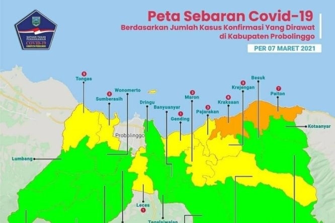Peta sebaran Covid-19 di Kabupaten Probolinggo yang mencatat 14 kecamatan masuk zona hijau per 7 Maret 2021. Diskominfo Kabupaten Probolinggo/Antara - Image