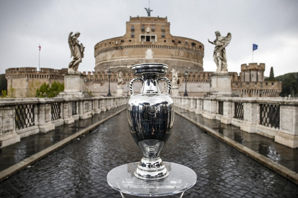 The trophy of the UEFA Euro 2020 football competition is pictured on Sant - Image