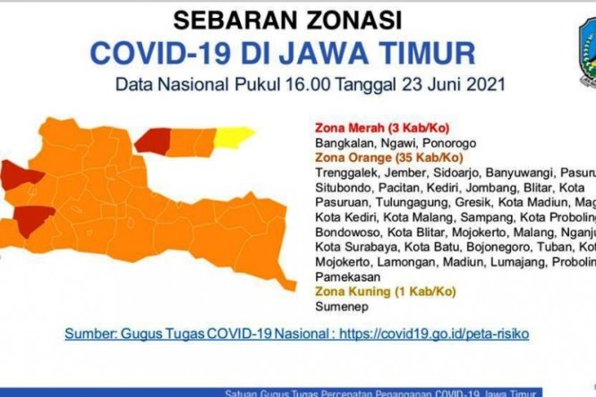 Tangkapan layar data sebaran zonasi kasus penularan Covid-19 di Jatim. Fiqih Arfani/Antara - Image