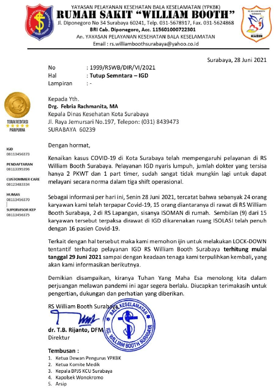 Surat dari RS William Booth untuk lockdown IGD sementara. Tangkapan layar/Rafika Yahya/JawaPos.com - Image