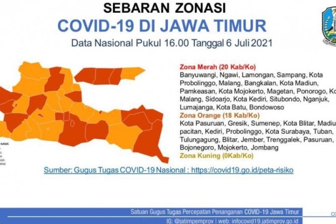 Tangkapan layar data sebaran zonasi kasus penularan Covid-19 di Jatim dari Satuan Tugas Penanganan Covid-19 Provinsi Jawa Timur, Selasa (6/7). Fiqih Arfani/Antara - Image