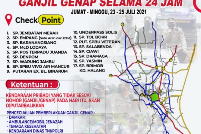 Daftar lokasi check point atau penyekatan kendaraan bermotor pada pelaksanaan ganjil-genap bagi kendaraan bermotor di Kota Bogor, 23–25 Juli. Polresta Bogor Kota/Antara - Image