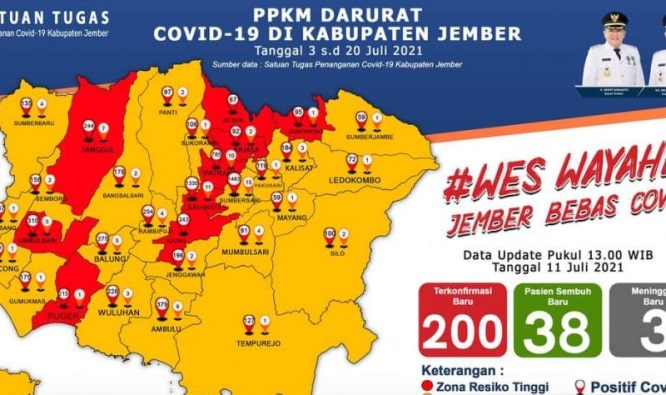 Peta sebaran Covid-19 di Jember pada 11 Juli. Diskominfo Jember/Antara - Image