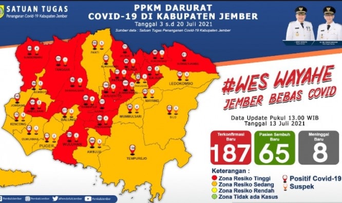 Peta sebaran Covid-19 di Kabupaten Jember pada 13 Juli 2021. Diskominfo Jember/Antara - Image