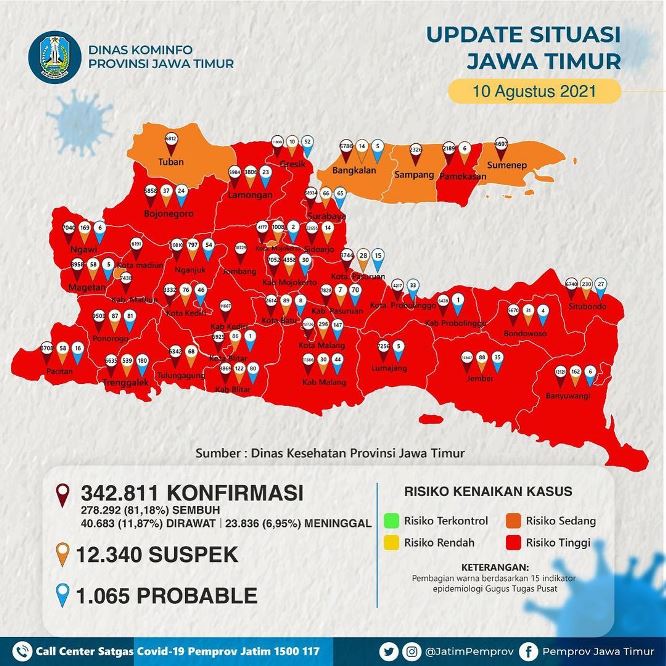 Peta penyebaran Covid-19 di Jawa Timur. Dinas Kesehatan Jawa Timur - Image