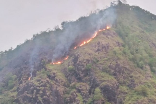 Kobaran api membakar sekitar lima hektare lahan di lereng Gunung Puncak Habibie, Kecamatan Cisolok, Kabupaten Sukabumi, Jabar. Antara - Image