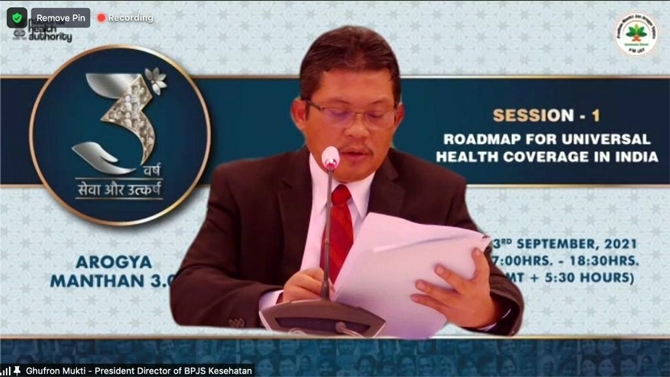 Direktur Utama BPJS Kesehatan, Ali Ghufron mewakili Indonesia menjadi salah satu panelis dalam webinar The 3rd Edition of Arogya Manthan dalam sesi “Roadmap for Universal Health Coverage (UHC) in India” yang diselenggarakan oleh National Health Authority - Image