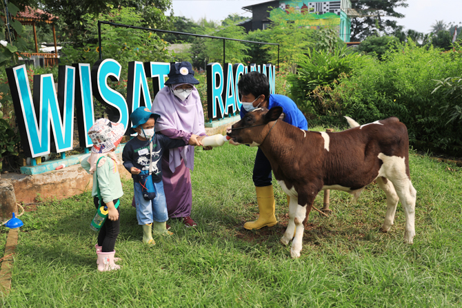 Sejumlah siswa salah satu sekolah alam memberikan makan hewan saat kunjungan belajar di Taman Agro Edukasi Wisata (AEW) Ragunan, Jakarta, Jumat (22/10/2021). Pemprov DKI Jakarta kembali membuka ruang terbuka hijau (RTH) di masa penerapan pembatasan kegia - Image