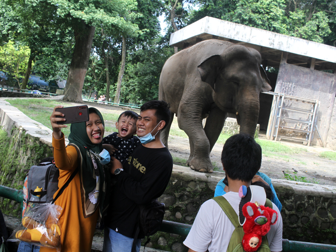 Pengunjung saat memadati temat rekreasi Taman Margasatwa Ragunan, Jakarta, Minggu (26/12/2021). Taman Margasatwa Ragunan memberlakukan pembatasan pengunjung sebanyak 50 persen atau setara dengan 30 ribu orang pada liburan Natal 2021. Foto: Dery Ridwansah/ - Image