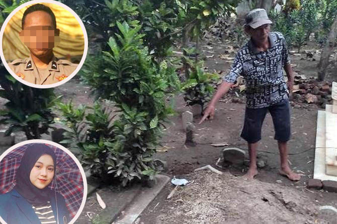 Sugito, juru kunci Makam Dusun Sugihan, Desa Japan, Kecamatan Sooko, menunjukkan lokasi korban ditemukan tergeletak. Inset Bripda B dan Novia yang bunuh diri di pusara ayahnya. (Martda Vadetya/jawaposradarmojokerto.id) - Image