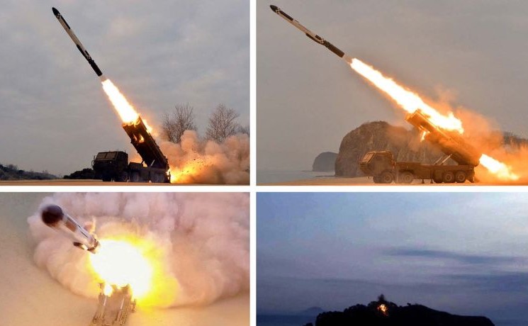 Gabungan gambar menunjukkan uji coba rudal yang menurut media pemerintah KCNA dilakukan minggu ini di lokasi yang dirahasiakan di Korea Utara, dalam foto ini dirilis Jumat (28/1/2022). oleh Kantor Berita Pusat Korea (KCNA) Korea Utara. ANTARA FOTO/KCNA vi - Image