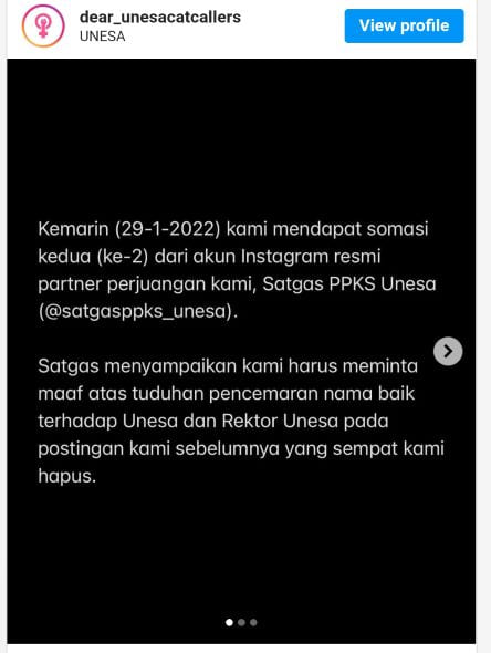 Tangkapan layer pernyataan akun Instagram @dear_unesacatcaller yang mendapat somasi. Rafika Yahya/JawaPos.com - Image