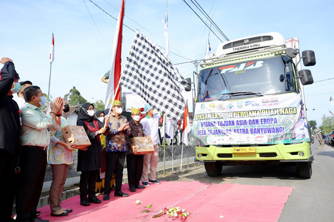 Bupati Banyuwangi Ipuk Fiestiandani melepas ekspor buah naga dari Banyuwangi ke Asia dan Eropa di Desa Jambesari, Kecamatan Sempu, Kamis (24/3/2022). (Istimewa) - Image
