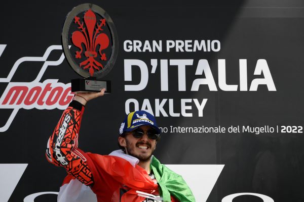 Ducati Lenovo Team Italian rider Francesco Bagnaia celebrates on the podium after winning the Italian Moto GP Grand Prix at the Mugello race track, Tuscany, on May 29, 2022. Filippo MONTEFORTE / AFP - Image