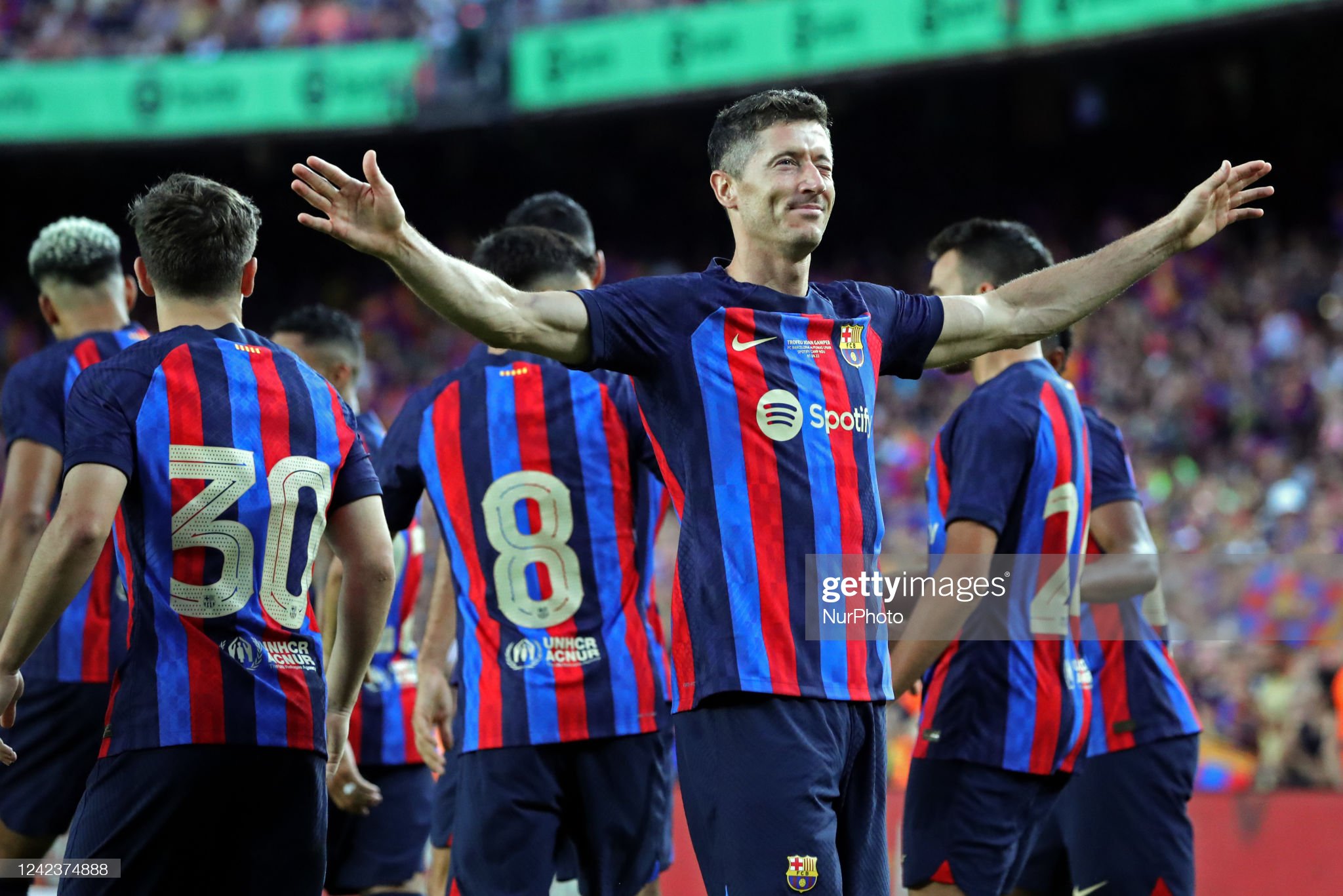 Robert Lewandowski goal celebration during the match between FC Barcelona and Pumas UNAM, corresponding to the Joan Gamper tropphy, played at the Spotify Camp Nou, in Barcelona, on 07th August 2022. -- (Photo by Urbanandsport/NurPhoto via Getty Images) - Image