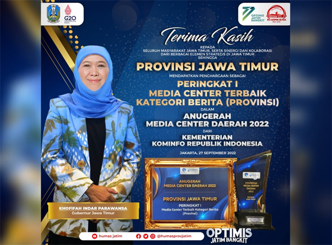 Pemerintah Provinsi Jawa Timur kembali mencatatkan prestasi di tingkat nasional dengan meraih penghargaan terbaik pertama sebagai Media Center Provinsi Kategori Berita Tahun 2022. - Image